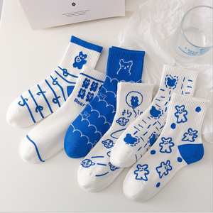 Wholesale Blue bear cute Custom Fashionable 100% cotton breathable crew women socks